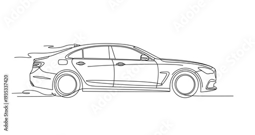 Luxury sedan driving in clean side profile on road. No editable stroke