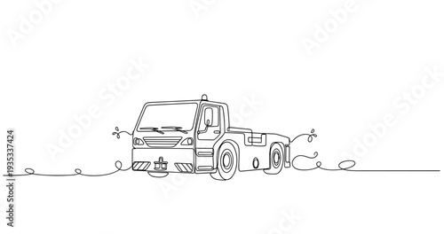Flatbed tow truck parked on level surface in line art. No editable stroke