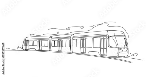 Modern tram moving along urban tracks line drawing. No editable stroke