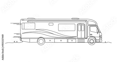 Motorhome traveling in side profile on road outline drawing. No editable stroke