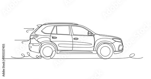 Sport utility vehicle driving along road side profile line art. No editable stroke