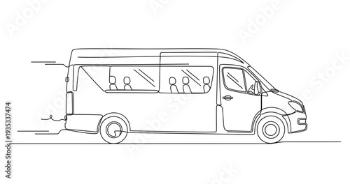 Passenger van moving with interior seats visible on road. No editable stroke