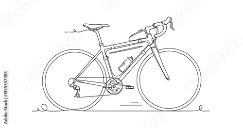 Road bicycle stationary side view line drawing with bottle. No editable stroke