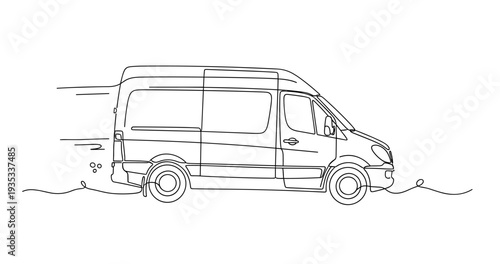 Delivery van moving along road in minimalist line drawing. No editable stroke