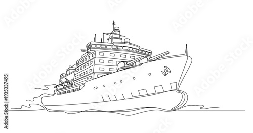 Large passenger ship cruising on calm open water near horizon line. No editable stroke