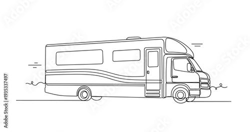 Motorhome driving in side profile on open road. No editable stroke