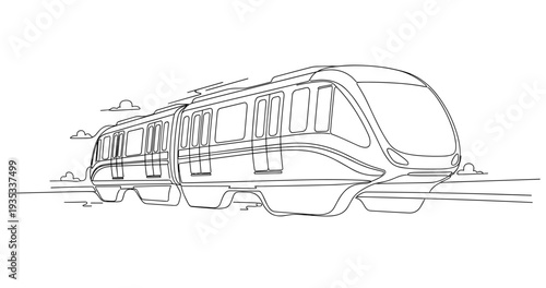 Modern commuter train moving along elevated rail line. No editable stroke
