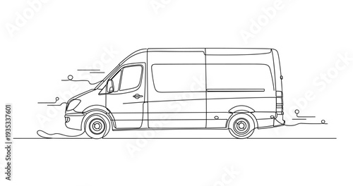 Delivery van moving along road in side profile outline. No editable stroke