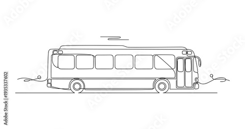 Bus parked along street in continuous line minimalist illustration. No editable stroke