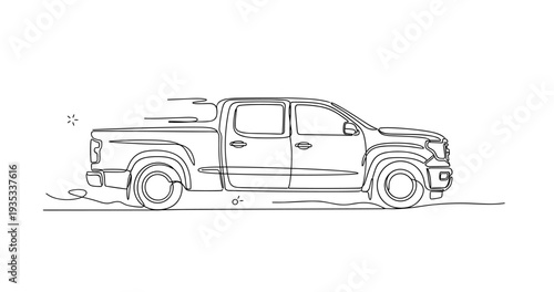 Pickup truck moving along road in simple line drawing. No editable stroke