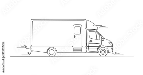 Box truck parked on roadside with cab and cargo area. No editable stroke