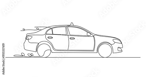 Sedan taxi parked on road in line drawing minimal outline style. No editable stroke
