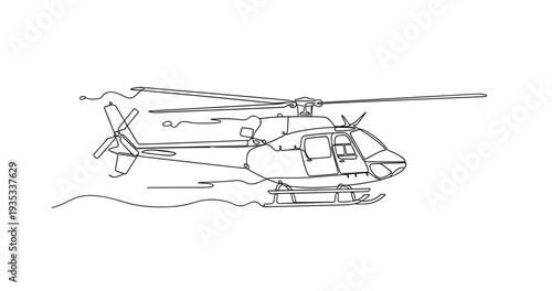 Utility helicopter hovering in outline drawing on white background. No editable stroke