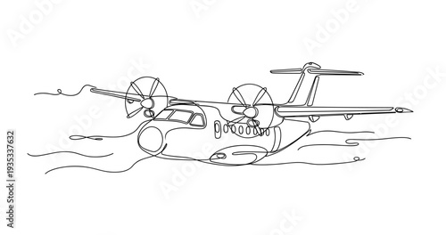 Twin turboprop seaplane landing on water surface near shore. No editable stroke