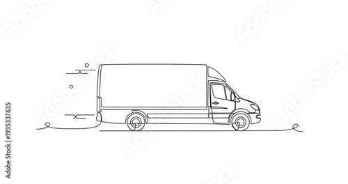 Cargo delivery van moving along road line drawing. No editable stroke
