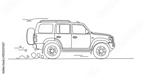 Suv driving with dust trail across open road landscape. No editable stroke