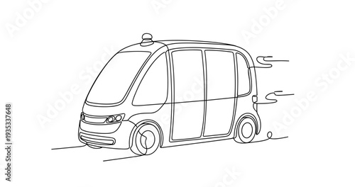 Autonomous shuttle vehicle traveling on city road in motion. No editable stroke