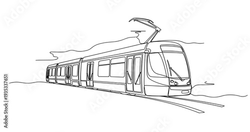 Modern tram moving along track in open plain setting. No editable stroke