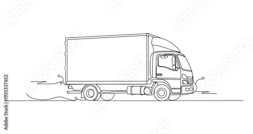 Delivery truck parked on road in minimal line drawing. No editable stroke