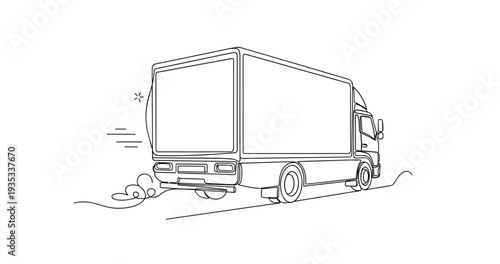 Box truck moving along open road on suburban highway route. No editable stroke