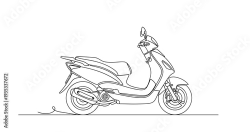 Motor scooter drawn in continuous line parked on ground. No editable stroke