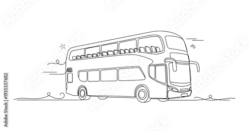Double decker bus moving across minimalist line drawing scene. No editable stroke
