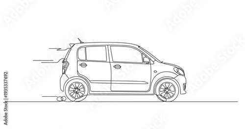 Compact hatchback moving along street in line illustration. No editable stroke