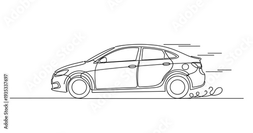 Compact sedan moving quickly along roadside with motion lines. No editable stroke