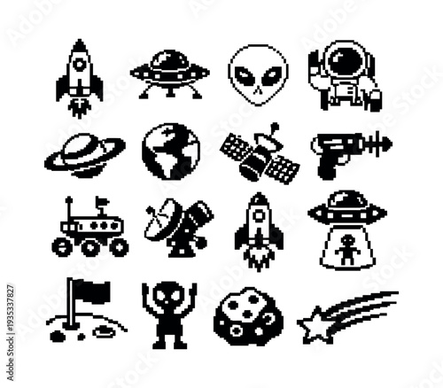 Space themed pixel art icons featuring planets, rockets, aliens, astronauts, and celestial objects in a black and white style