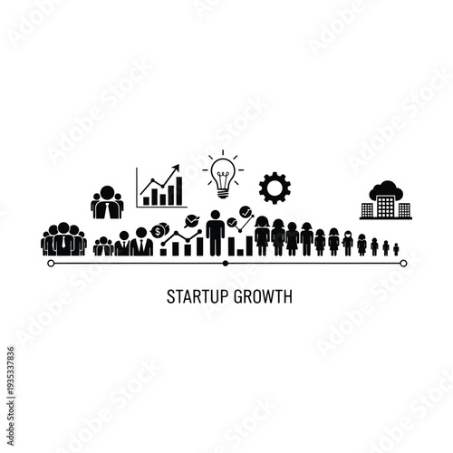 Black and white vector illustration depicting the timeline and stages of startup growth, showing icons for team, ideas, processes, and company expansion.
