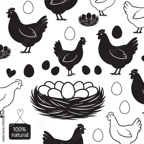 Black and white seamless pattern features various chickens, hens, roosters, and nests with eggs