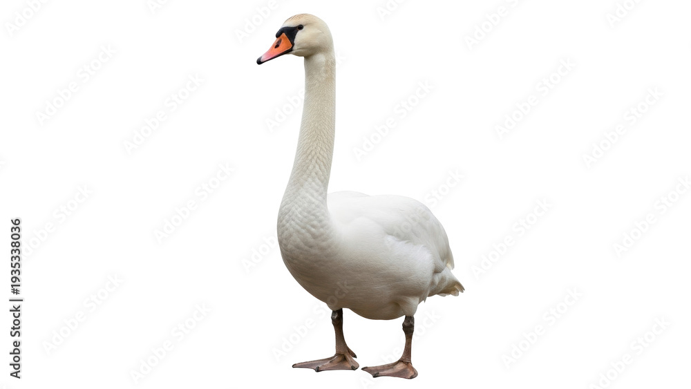 Fototapeta premium Isolated Mute Swan stands elegantly, majestic bird with long neck and distinctive orange beak