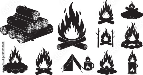 Vintage art illustration of a campfire burning brightly with flames and firewood