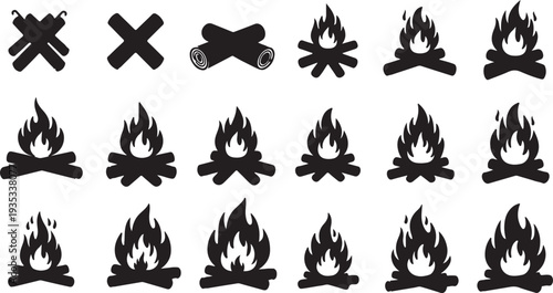 Camping Silhouettes Set Featuring Traveler Sitting in Chair near Tent and Caravan