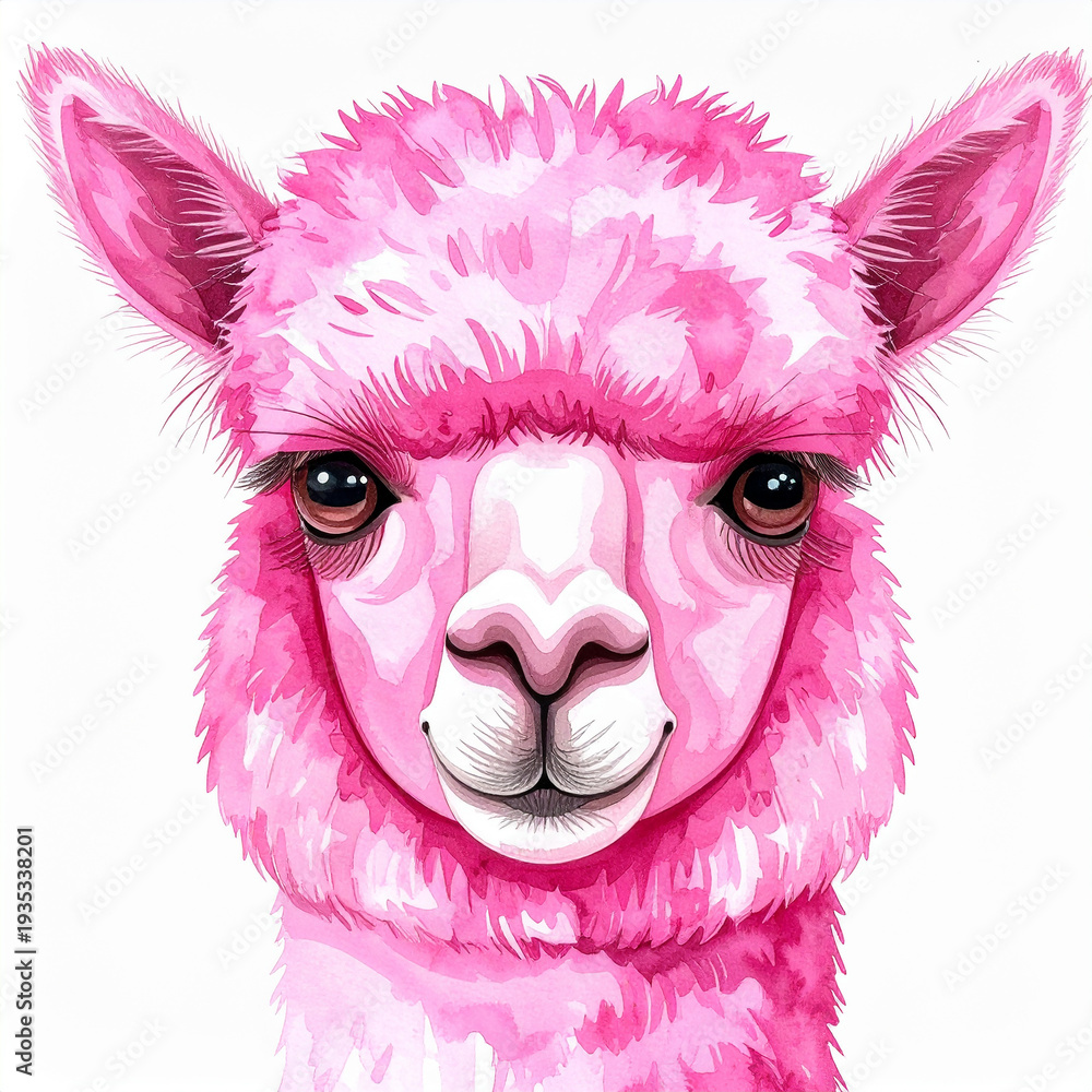 Obraz premium Cute pink llama face watercolor painting, hand-drawn, isolated white, funny and cheerful animal character