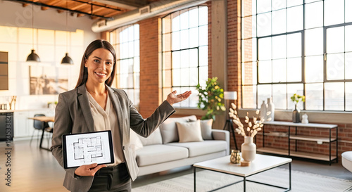 A smiling real estate agent presents a floor plan tablet to a prospective client in a modern loft space. She gestures with her hand, showcasing the architectural layout.