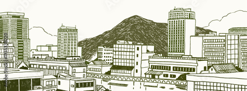 Engraved sketch of urban panorama. Cityscape with mountains. High rise office, residential buildings. City landscape with skyscrapers. Modern architecture. Hand drawn isolated vector illustration