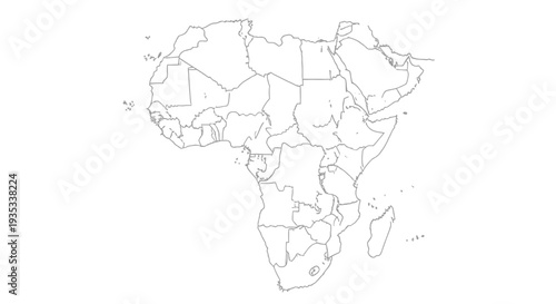 Detailed outline map of Africa with countries, isolated white background.