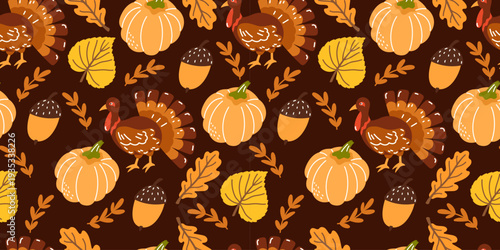 Pumpkin pattern harvest seamless halloween leaf fall thanksgiving print and acorn autumn background illustration with decorative floral vine and gingham details. Cozy cottagecore or vintage