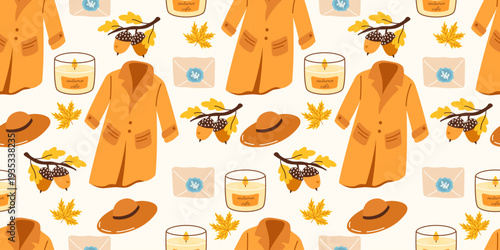 Autumn coat and hat with a candle pattern, seamless bg for fall fashion, warm and cozy through seasonal clothing. A soft outfit style accessory of wool fabric, elegant outerwear for a casual