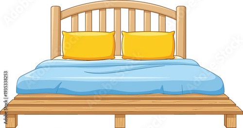 Wooden bed with blue blanket and yellow pillows, cozy bedroom furniture illustration isolated on white background design