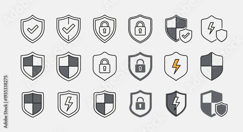 Set of grey and colorful security shield icons with lock, checkmark, and lightning symbols in bright studio background.