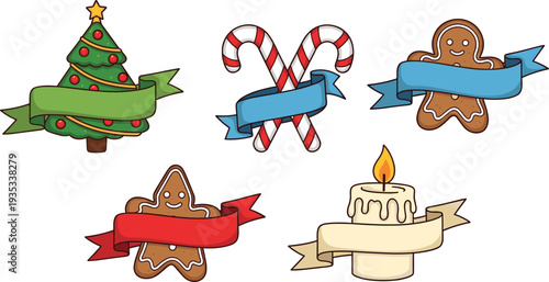 Cute Christmas holiday elements set with tree, candy canes, gingerbread cookies and candle, festive ribbon banners illustration