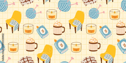 Autumn blanket yarn and fall chair candle with cocoa book hot chocolate. Knitting pattern seamless and bg vector repeat with cozy comfortable warm. Background autumn yellow and golden fall