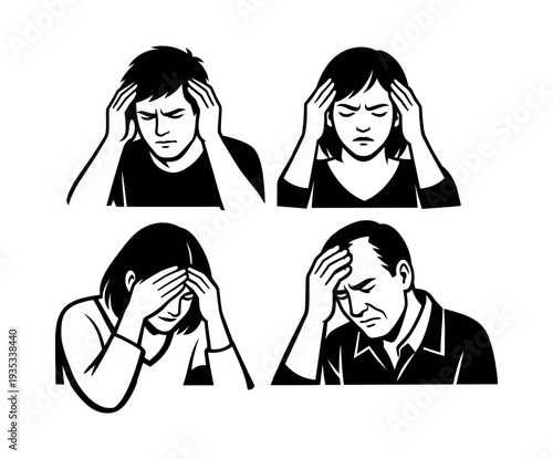 Four diverse people experiencing headache, holding their heads, illustrating stress, pain, and various mental health struggles
