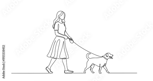 Line art of young caucasian female walking dog on leash. No editable stroke