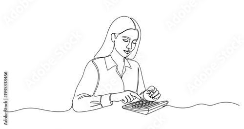 Young caucasian female accountant using calculator in line art illustration. No editable stroke