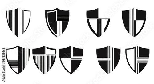 Set of Black Solid Shield Icons for Protection and Security on White Background