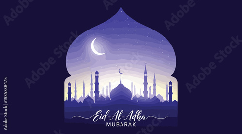 Eid aladha mubarak greeting card with mosque silhouette at sunset isolated on dark blue background with crescent moon