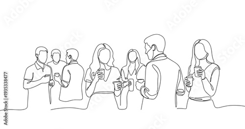 Line art of diverse group socializing with drinks at a party. No editable stroke